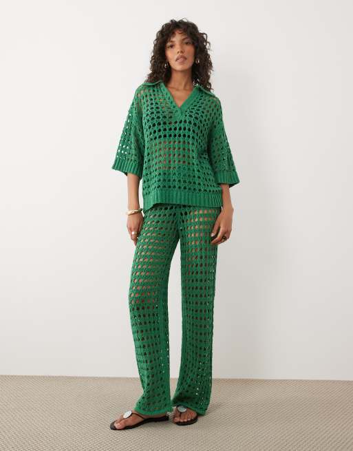 ASOS DESIGN beach crochet collared short sleeve top in green - part of set, 2 of 4