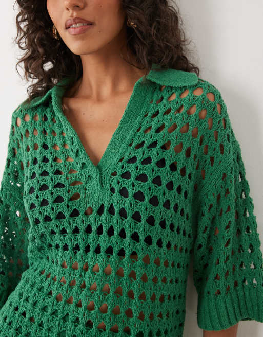 ASOS DESIGN beach crochet collared short sleeve top in green - part of set, 3 of 4