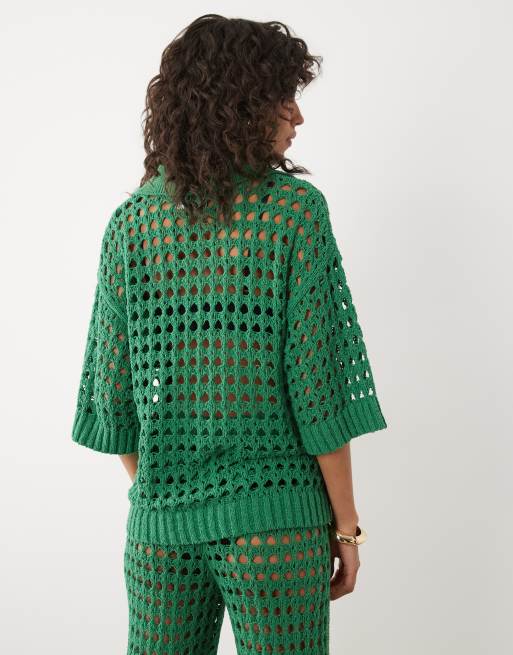 ASOS DESIGN beach crochet collared short sleeve top in green - part of set, 4 of 4
