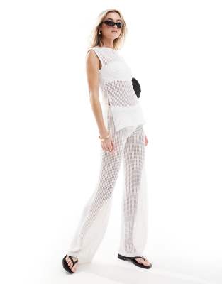 Asos Design Beach Crochet Look Wide Leg Pants In White - Part Of A Set