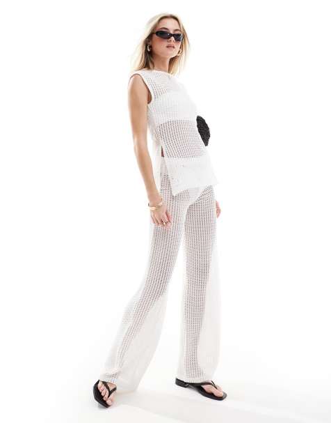 ASOS DESIGN beach crochet look wide leg trousers co ord in white - view 1