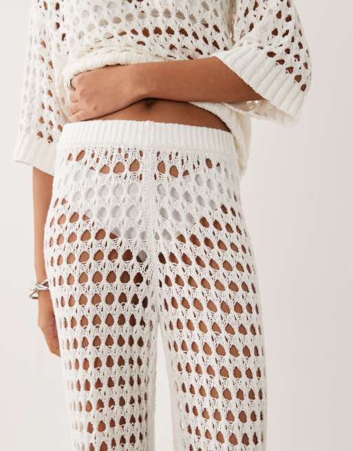 ASOS DESIGN beach crochet wide leg trouser co-ord in cream, 4 of 5