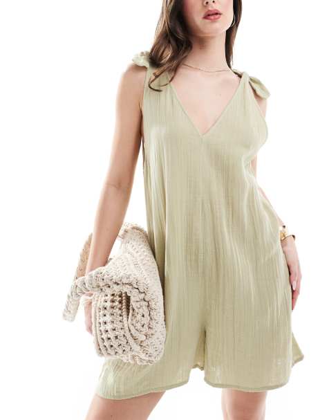 ASOS DESIGN beach double gauze bunny tie shoulder playsuit in green - view 1