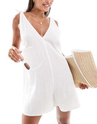 ASOS DESIGN beach double gauze tie shoulder playsuit in ivory-White