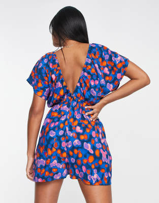 Asos Design Beach Flutter Sleeve Romper In Multi
