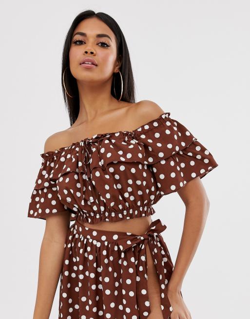 Polka Dot Jersey Tie Front Top & Skirt Two-Piece Set