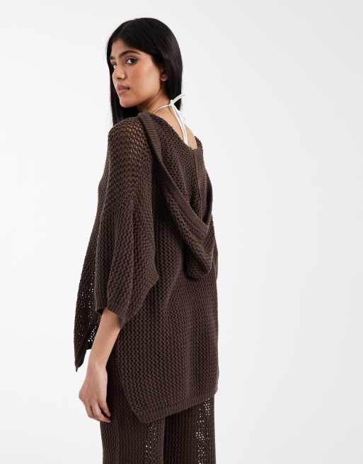 ASOS DESIGN - Beach - Gebreid T-shirt met capuchon in chocoladebruin, deel van co-ord set, 3 van 4