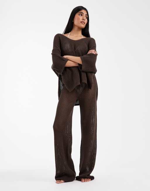 ASOS DESIGN - Beach - Gebreid T-shirt met capuchon in chocoladebruin, deel van co-ord set, 4 van 4