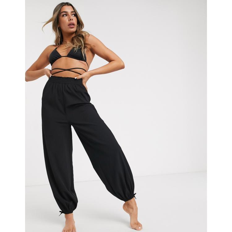 ASOS DESIGN beach harem trousers in black crinkle