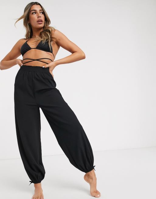 ASOS DESIGN beach harem trousers in black crinkle