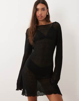 ASOS DESIGN beach knit boucle scoop back mini dress in black