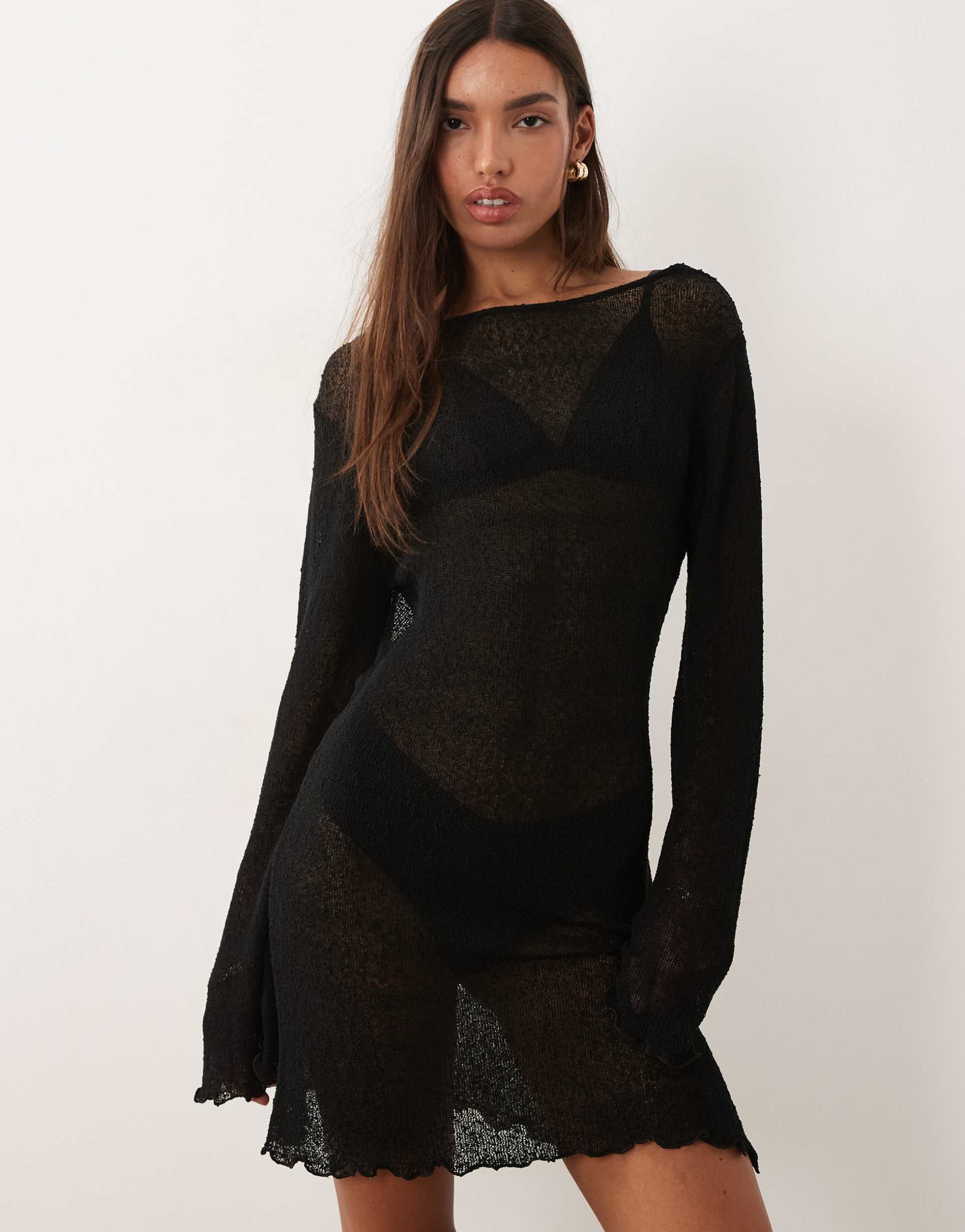 asos design beach knit boucle scoop back mini dress in black