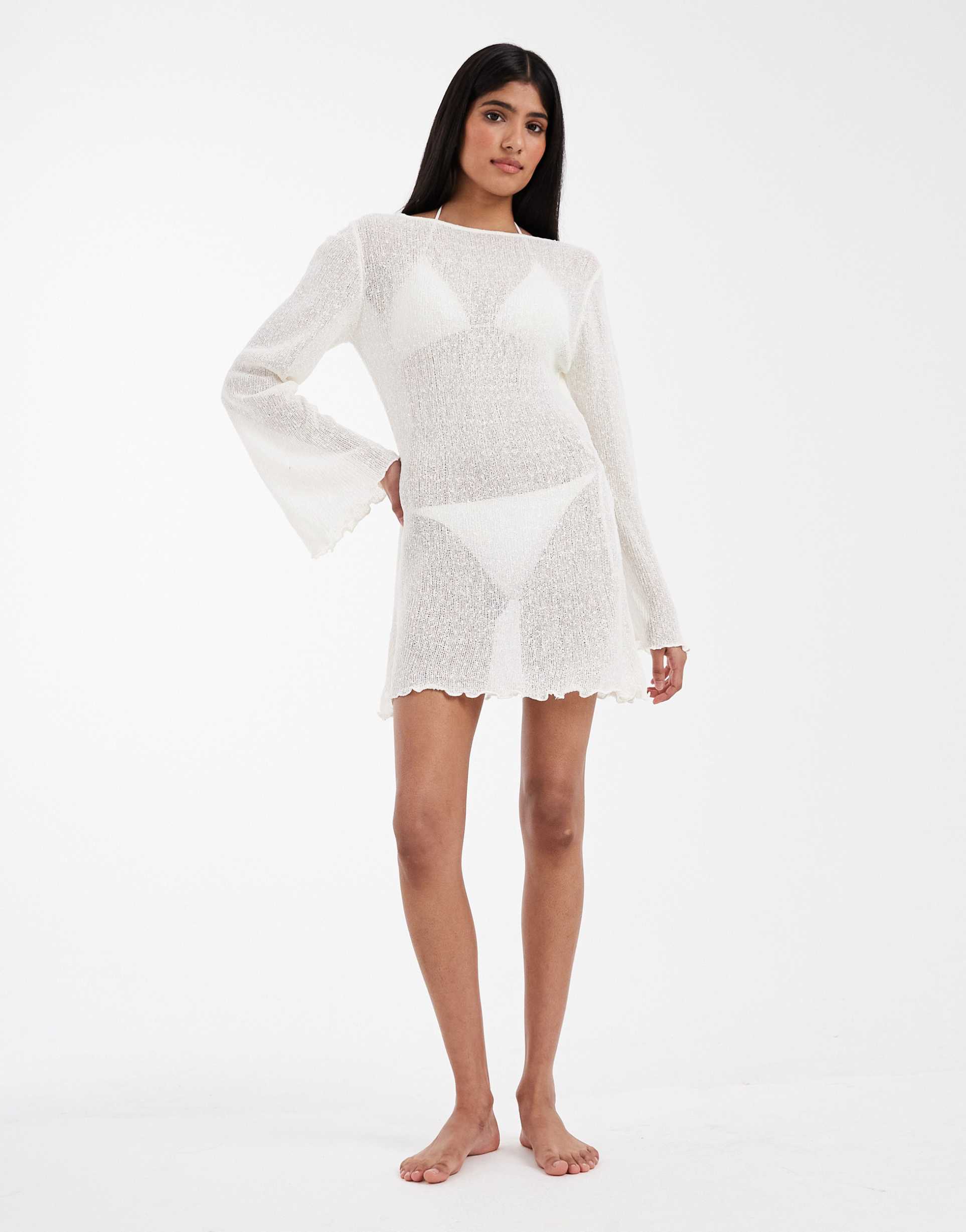 asos design beach knit boucle scoop back mini dress in cream