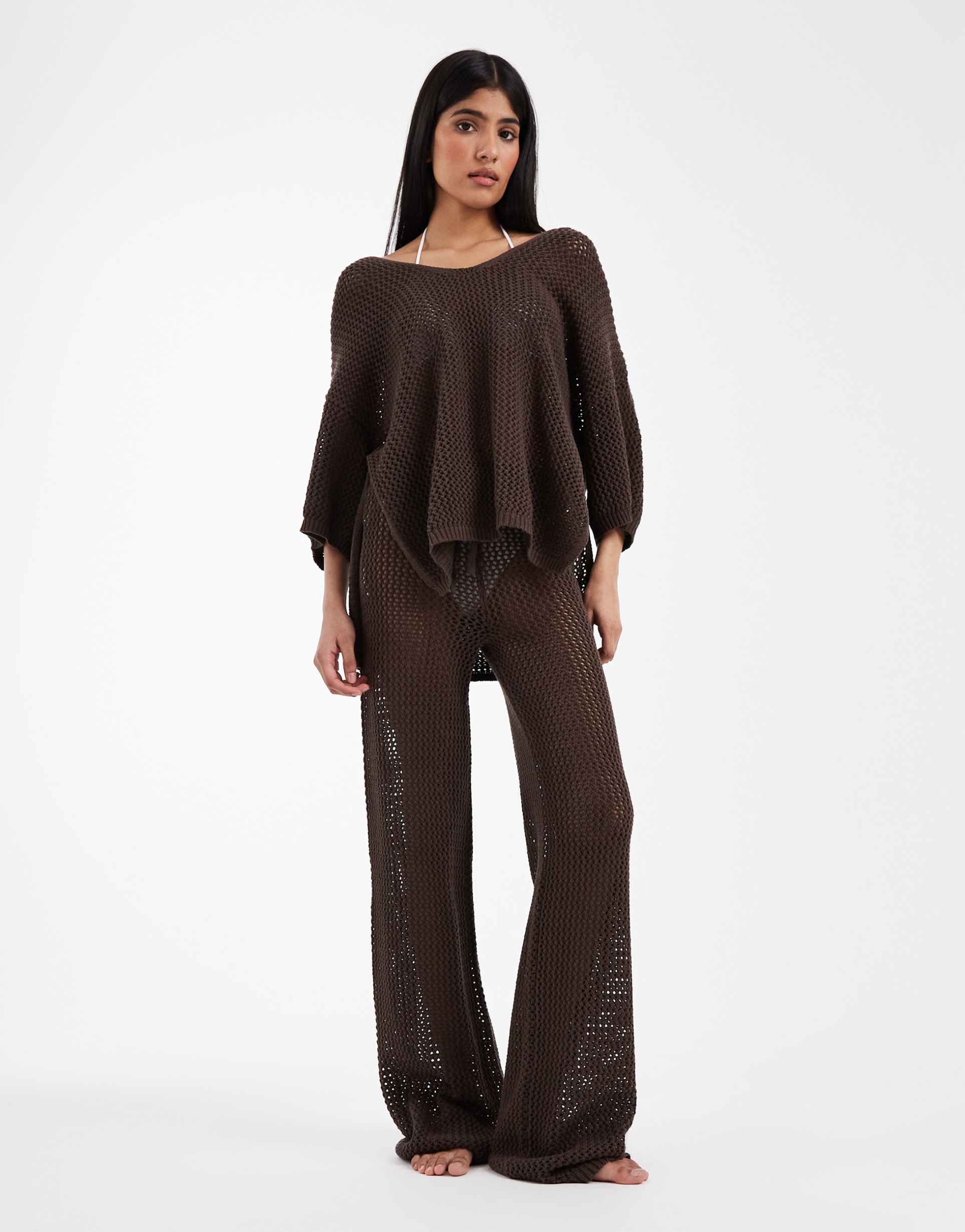 asos design beach knit pants in chocolate - part of a set