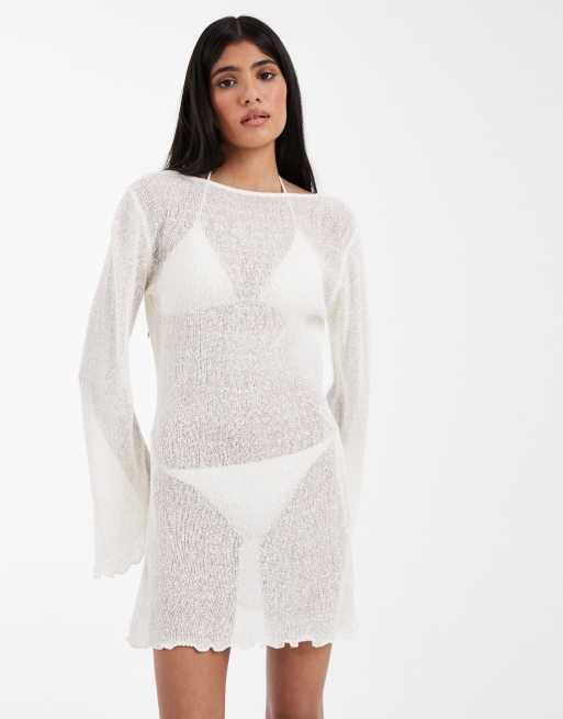 ASOS DESIGN beach knitted boucle scoop back mini dress in cream, 3 of 4