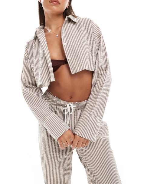 ASOS DESIGN beach Lisa seersucker cropped shirt in brown stripe - view 1