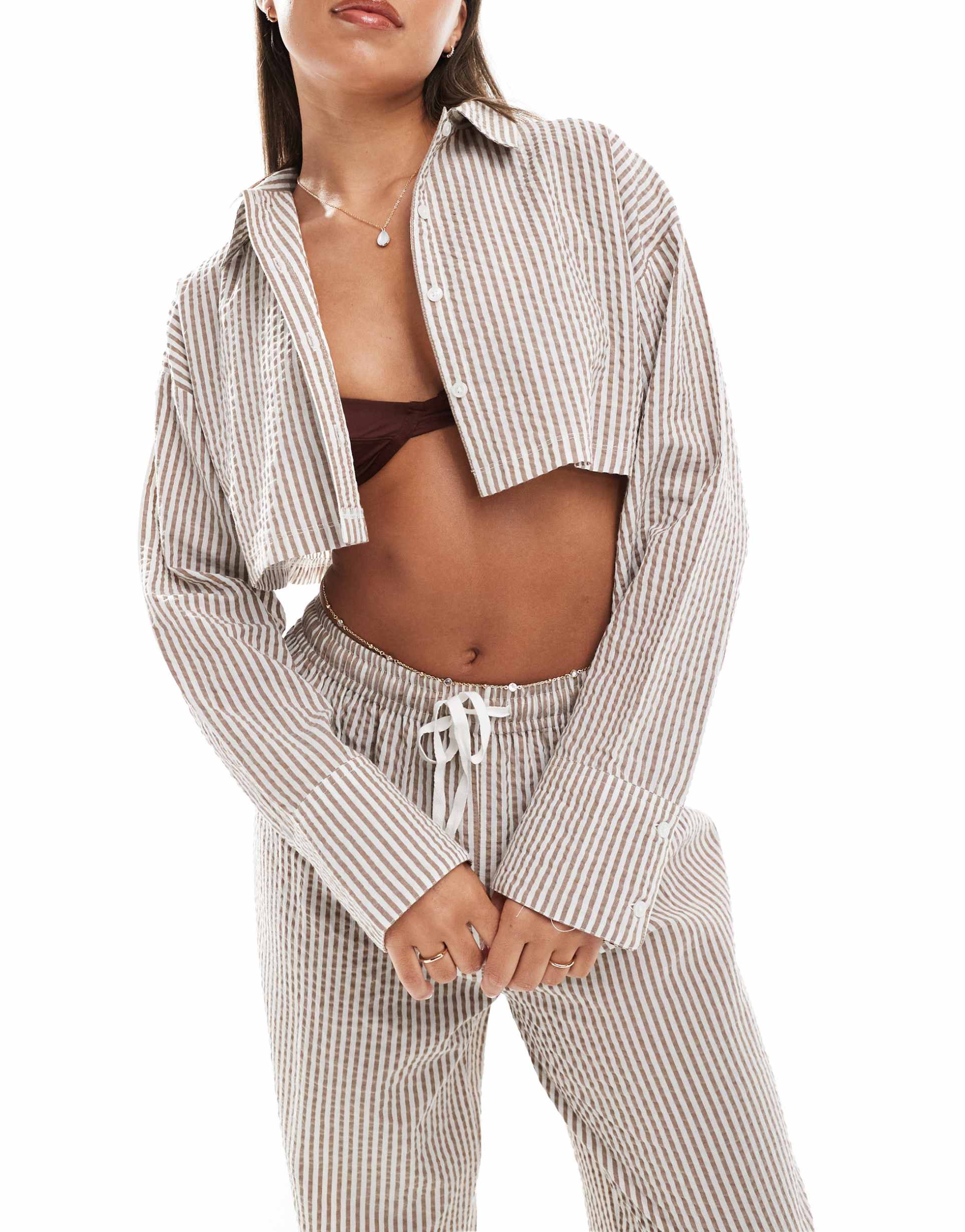 asos design beach lisa seersucker cropped shirt in brown stripe