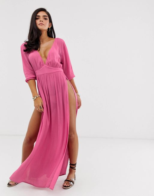 Asos Design Beach Maxi Dress In Dusky Rose Crinkle With Plunge Front And Splits Asos 0215