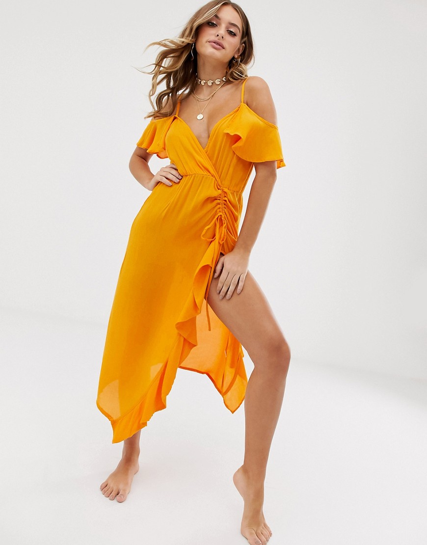 ASOS DESIGN beach maxi dress with cold shoulders & ruched waist detail in crinkle-Orange