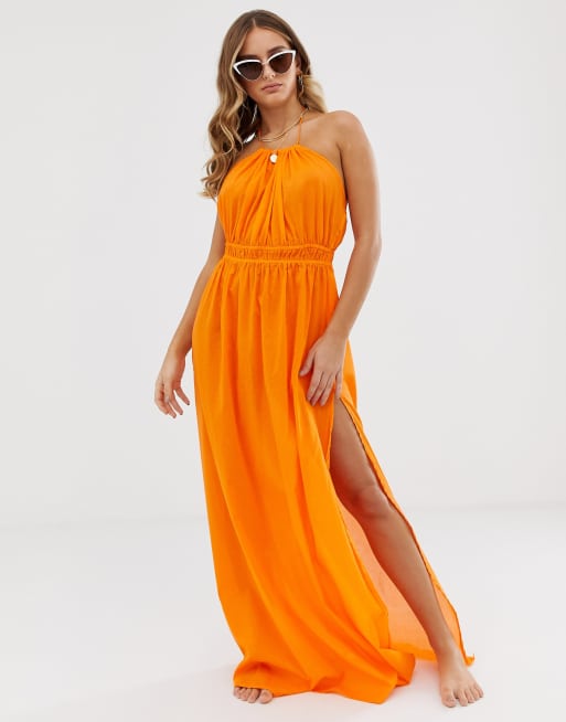 ASOS DESIGN beach maxi dress with ruched waist halter neck in orange