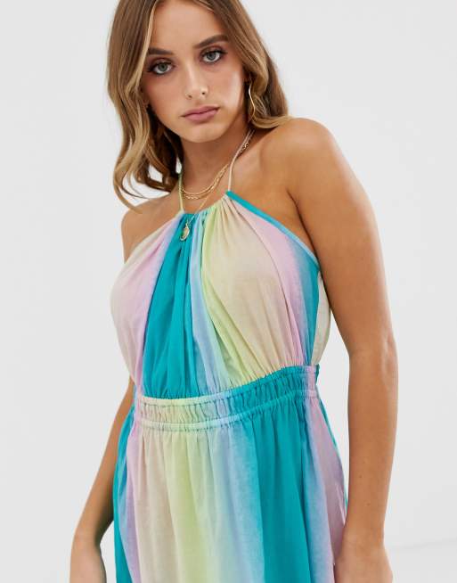 ASOS DESIGN beach maxi dress with ruched waist halter neck in rainbow stripe