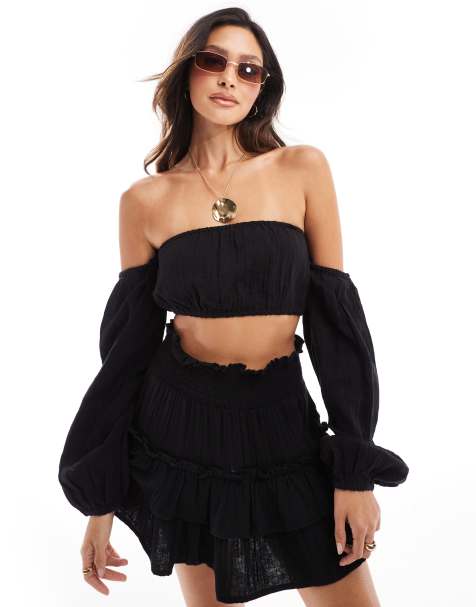 Black Textured Split Hem Longline Bandeau