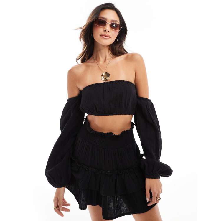 ASOS DESIGN beach off shoulder crop top with detachable volume sleeves in  black gauze - part of a set