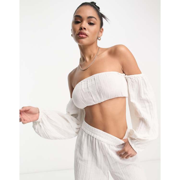 ASOS DESIGN beach off-shoulder crop top with detachable volume sleeves in  white gauze - part of a set