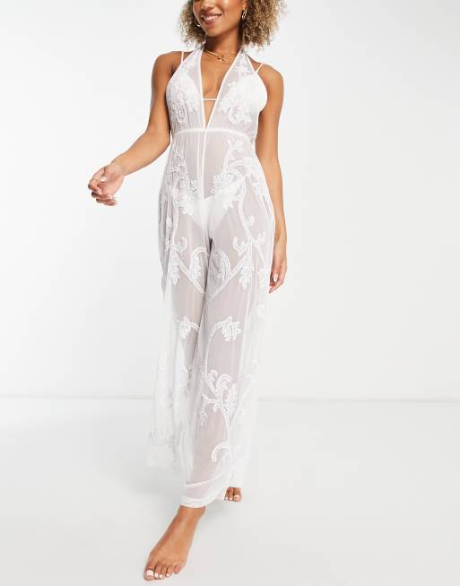 ASOS DESIGN beach premium embellished wide leg jumpsuit in white