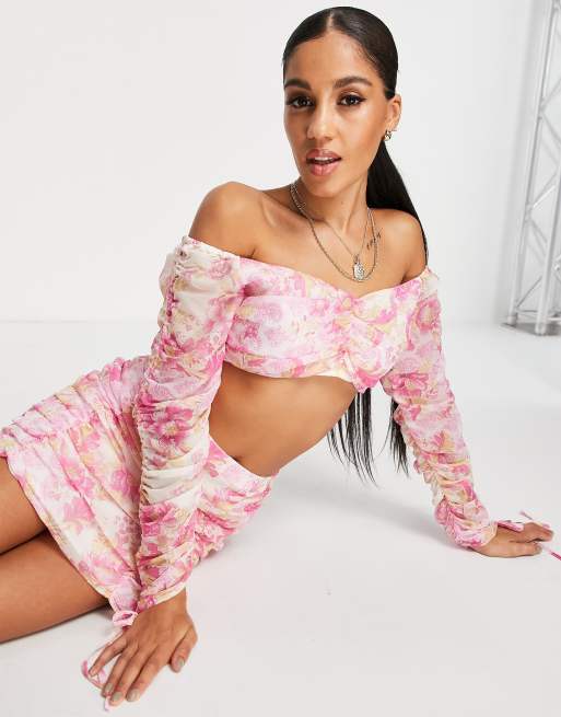 Asos Design Beach Ruched Front Long Sleeve Crop Top Coord In Pink