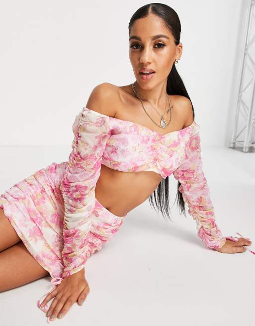 ASOS DESIGN beach ruched front long sleeve crop top in pink floral print - part of a set