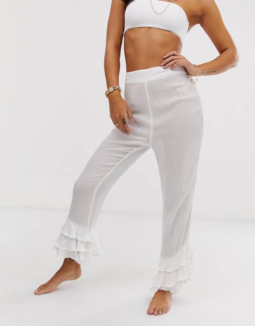 ASOS DESIGN beach trousers with tiered ruffle hem in white