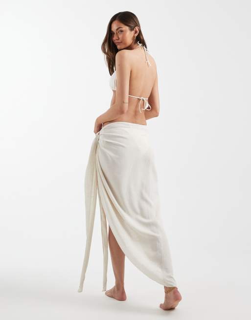 ASOS DESIGN beach wrap tie waist sarong with linen in natural, 4 of 4