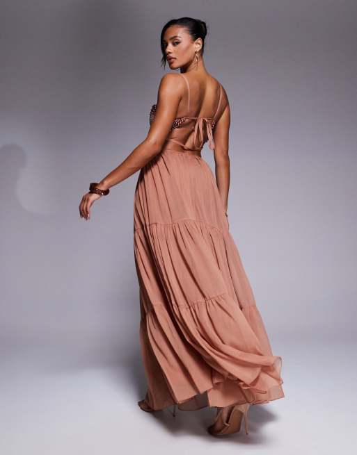 ASOS DESIGN beaded embellished bust maxi dress with open back in brown
