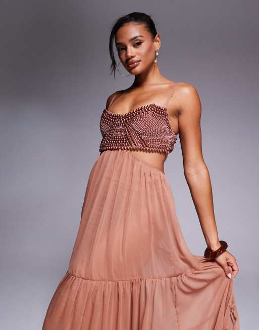ASOS DESIGN beaded embellished bust maxi dress with open back in brown