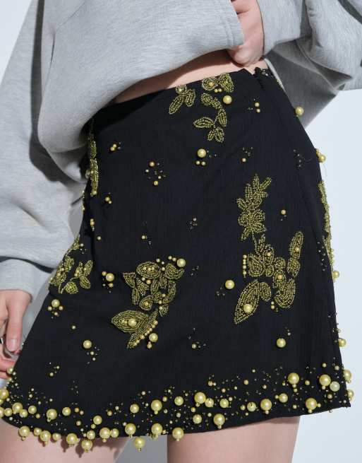 ASOS DESIGN bead embellished co-ord mini skirt in black, 4 of 6