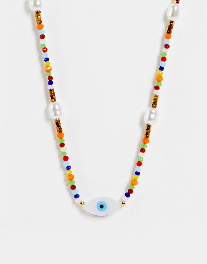 ASOS DESIGN bead necklace with printed eye pearl design in multi