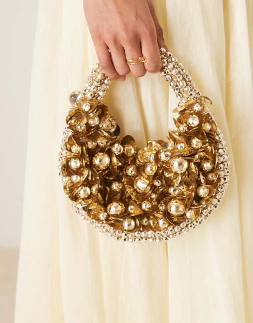 ASOS DESIGN beaded and sequin scoop grab clutch bag in gold ASOS