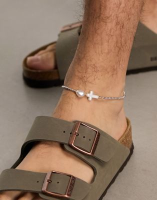 ASOS DESIGN beaded anklet with glass faux pearl bead on dark green cord