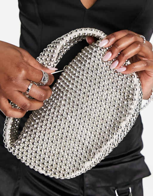 ASOS DESIGN beaded ball grab bag in silver