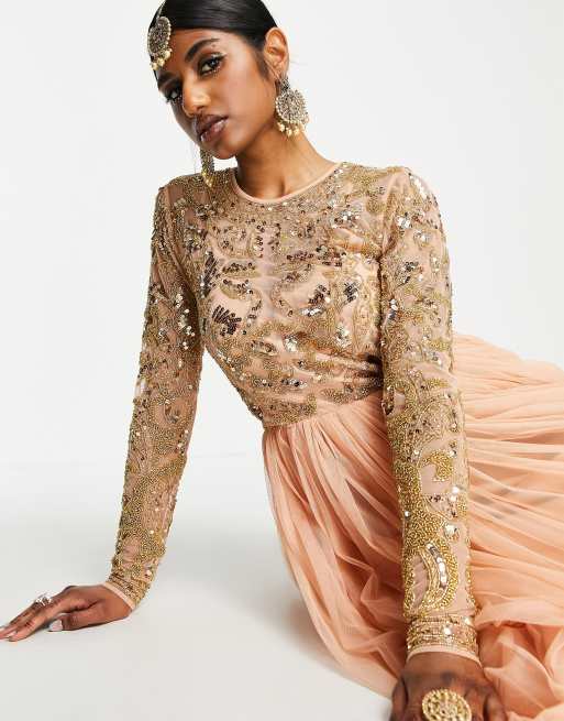 ASOS DESIGN beaded bodice maxi anarkali dress in peach