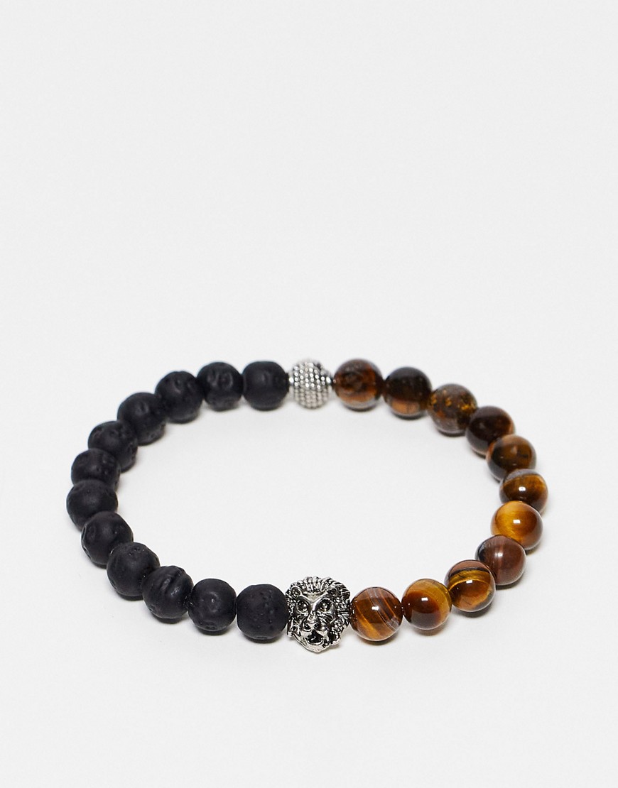 ASOS DESIGN beaded bracelet in black and semi precious tigers eye with lion head