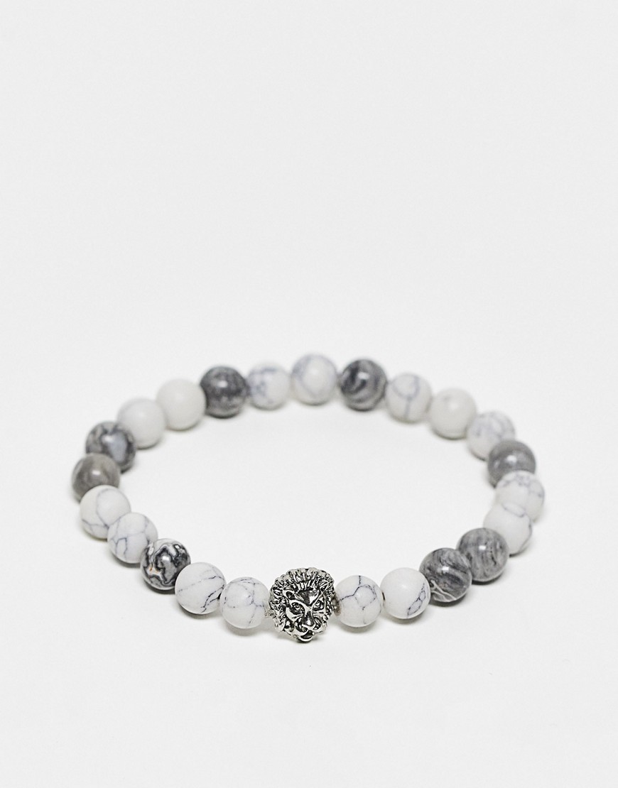 ASOS DESIGN beaded bracelet in gray tone with lions head bead