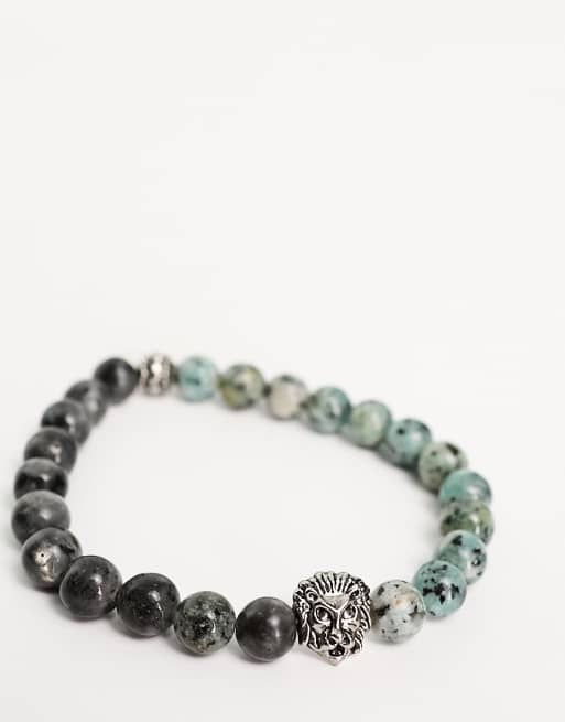 ASOS DESIGN beaded bracelet in semi precious mix with lions head bead 