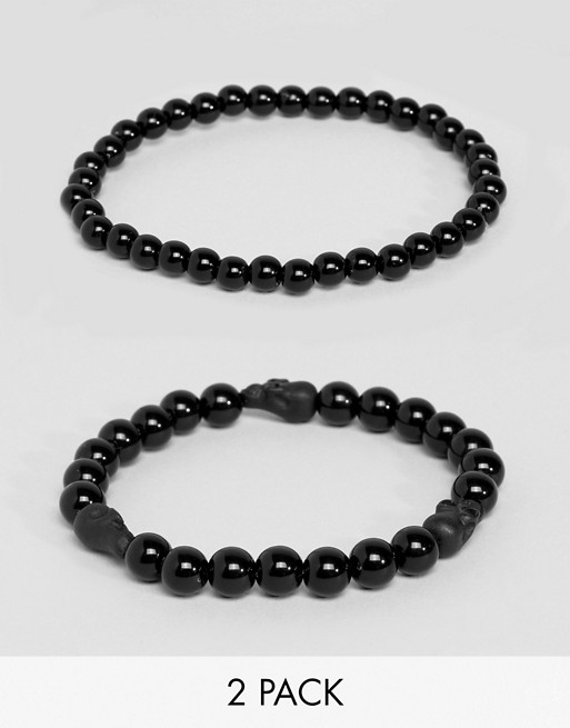 ASOS DESIGN Beaded Bracelet Pack In Matte Black With Skull