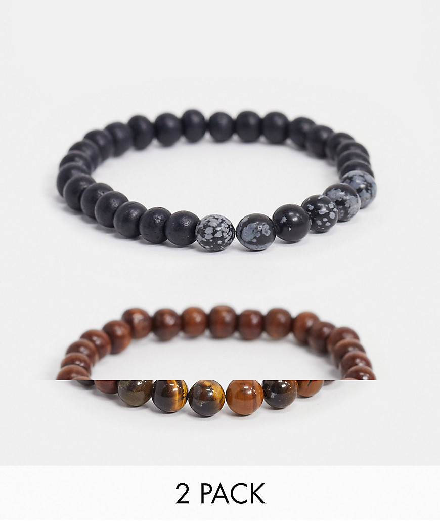 Asos Design Beaded Bracelet Pack With Tigers Eye And Snowflake Obsidian Stones In Brown And Black-multi