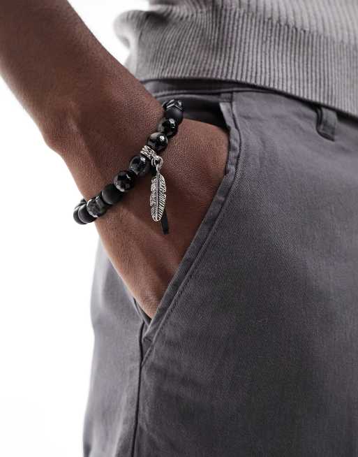 ASOS DESIGN beaded bracelet with agate stones and feather detail in black , 2 of 4