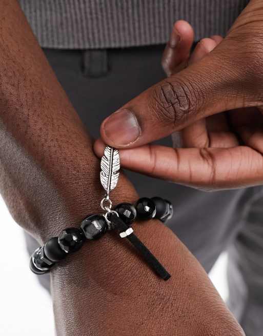 ASOS DESIGN beaded bracelet with agate stones and feather detail in black , 3 of 4