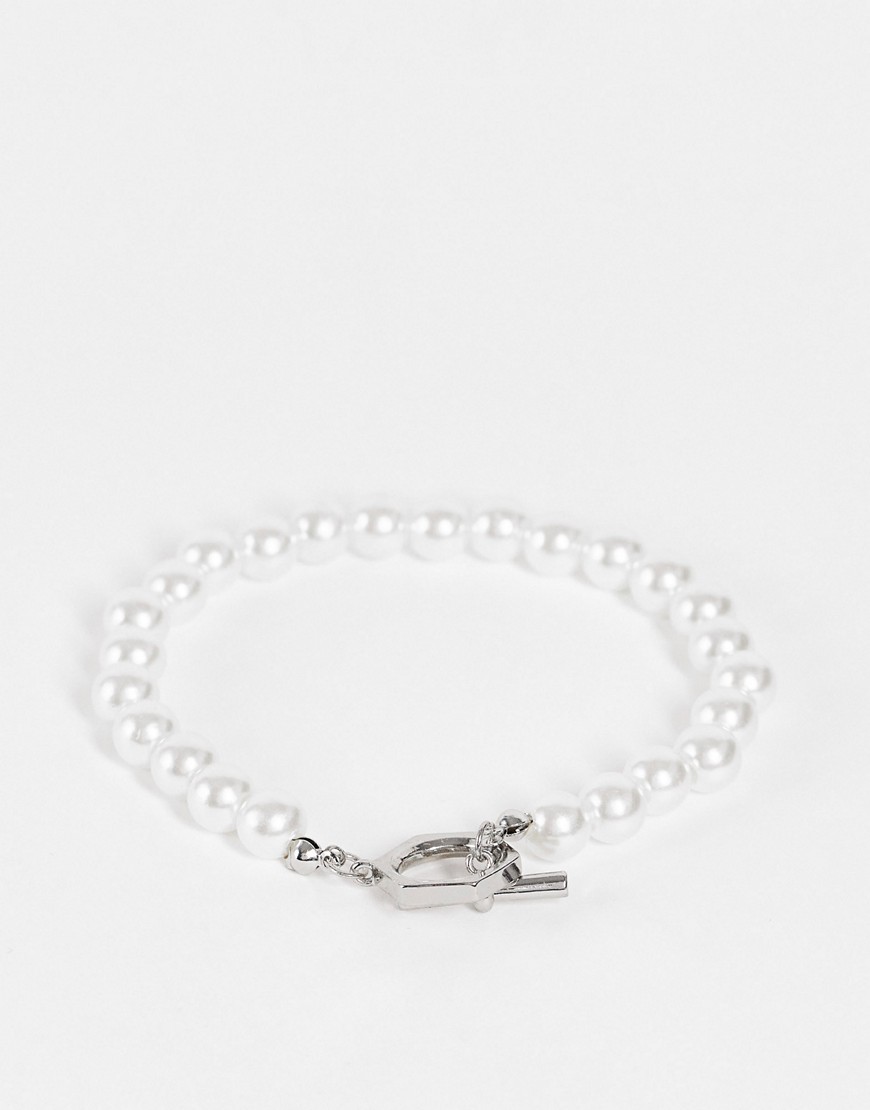 ASOS DESIGN beaded bracelet with faux pearl and t-bar in white