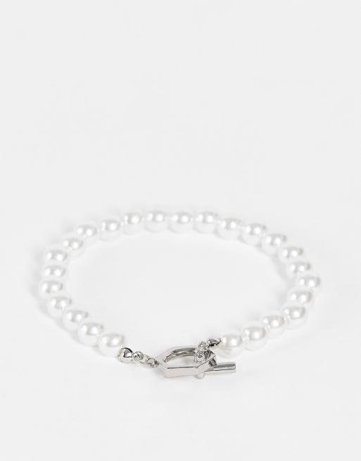 ASOS DESIGN beaded bracelet with faux pearl and t-bar in white 